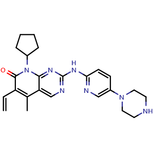 Chemical structure of 8-Cyclopentyl-5-methyl-2-((5-(piperazin-1-yl)pyridin-2-yl)amino)-6-vinylpyrido[2,3-d]pyrimidin-7(8H)-one , CAS 2204863-06-7, AChemBlock W170569