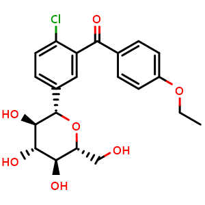 Chemical structure of (2-Chloro-5-((2S,3R,4R,5S,6R)-3,4,5-trihydroxy-6-(hydroxymethyl)tetrahydro-2H-pyran-2-yl)phenyl)(4-ethoxyphenyl)methanone , CAS 2169998-23-4, AChemBlock W170574