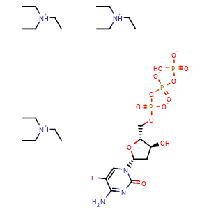 Chemical structure of triethylammonium ((2R,3S,5R)-5-(4-amino-5-iodo-2-oxopyrimidin-1(2H)-yl)-3-hydroxytetrahydrofuran-2-yl)methyl hydrogen triphosphate , CAS 1646812-23-8, AChemBlock W170627