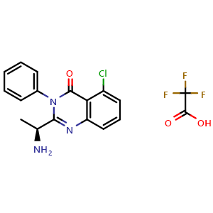 Chemical structure of (S)-2-(1-aminoethyl)-5-chloro-3-phenylquinazolin-4(3H)-one 2,2,2-trifluoroacetate , CAS 1615680-60-8, AChemBlock W170632