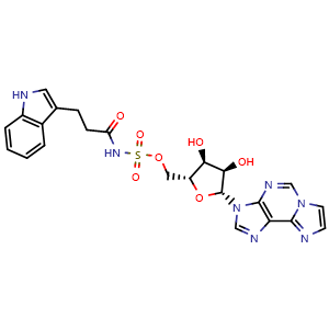 Chemical structure of ((2R,3S,4R,5R)-3,4-dihydroxy-5-(3H-imidazo[2,1-i]purin-3-yl)tetrahydrofuran-2-yl)methyl (3-(1H-indol-3-yl)propanoyl)sulfamate , CAS 1946763-34-3, AChemBlock W170633