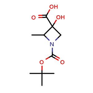 Chemical structure of 1-tert-butoxycarbonyl-3-hydroxy-2-methyl-azetidine-3-carboxylic acid , CAS 2940959-62-4, AChemBlock W170844