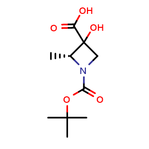 Chemical structure of (2R)-1-tert-butoxycarbonyl-3-hydroxy-2-methyl-azetidine-3-carboxylic acid , CAS 2920319-63-5, AChemBlock W170846