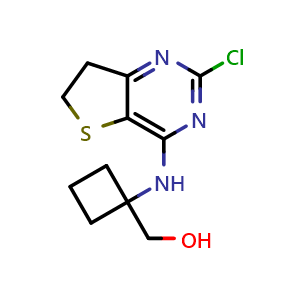 Chemical structure of [1-[(2-Chloro-6,7-dihydrothieno[3,2-d]pyrimidin-4-yl)amino]cyclobutyl]methanol , CAS 1423719-34-9, AChemBlock W170995