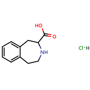 Chemical structure of 2,3,4,5-tetrahydro-1H-3-benzazepine-4-carboxylic acid;hydrochloride , CAS 188990-16-1, AChemBlock W171000
