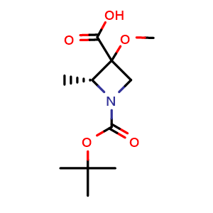 Chemical structure of (2R)-1-tert-butoxycarbonyl-3-methoxy-2-methyl-azetidine-3-carboxylic acid , CAS 2920318-59-6, AChemBlock W171094