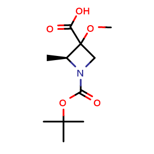 Chemical structure of (2S)-1-tert-butoxycarbonyl-3-methoxy-2-methyl-azetidine-3-carboxylic acid , CAS 2920319-17-9, AChemBlock W171095