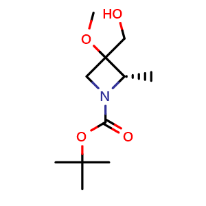 Chemical structure of tert-butyl (2S)-3-(hydroxymethyl)-3-methoxy-2-methyl-azetidine-1-carboxylate , CAS 2920319-18-0, AChemBlock W171116