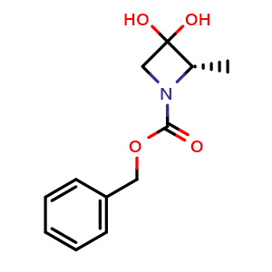 Chemical structure of benzyl (2S)-3,3-dihydroxy-2-methyl-azetidine-1-carboxylate , CAS 2920217-76-9, AChemBlock W171205