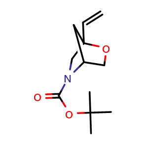 Chemical structure of tert-butyl 1-vinyl-2-oxa-5-azabicyclo[2.2.1]heptane-5-carboxylate , CAS 1910065-70-1, AChemBlock W171257