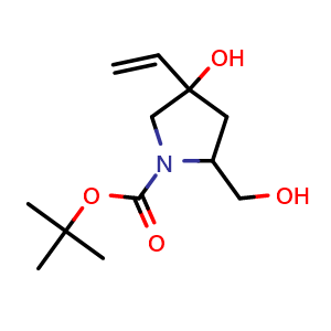 Chemical structure of tert-butyl 4-hydroxy-2-(hydroxymethyl)-4-vinyl-pyrrolidine-1-carboxylate , CAS 1910065-69-8, AChemBlock W171280