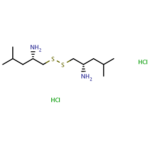 Chemical structure of (2S,2'S)-1,1'-disulfanediylbis(4-methylpentan-2-amine) dihydrochloride , CAS 112157-33-2, AChemBlock W171315