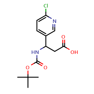 Chemical structure of 3-((tert-butoxycarbonyl)amino)-3-(6-chloropyridin-3-yl)propanoic acid , CAS 252989-87-0, AChemBlock W171364