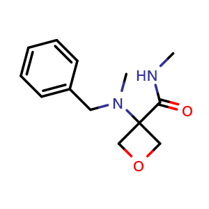 Chemical structure of 3-[benzyl(methyl)amino]-N-methyl-oxetane-3-carboxamide , CAS 2940963-44-8, AChemBlock W171385
