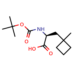 Chemical structure of (2S)-2-(tert-butoxycarbonylamino)-3-(1-methylcyclobutyl)propanoic acid , CAS 1232365-58-0, AChemBlock W171410
