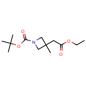 Chemical structure of tert-butyl 3-(2-ethoxy-2-oxo-ethyl)-3-methyl-azetidine-1-carboxylate , CAS 2641906-15-0, AChemBlock W171414