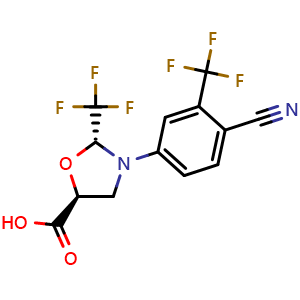Chemical structure of (2R,5S)-3-[4-Cyano-3-(trifluoromethyl)phenyl]-2-(trifluoromethyl)oxazolidine-5-carboxylic Acid , CAS 1820827-27-7, AChemBlock W171447