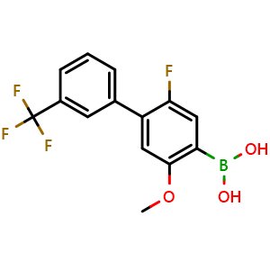 Chemical structure of (2-fluoro-5-methoxy-3'-(trifluoromethyl)-[1,1'-biphenyl]-4-yl)boronic acid , CAS 1641571-96-1, AChemBlock W171454
