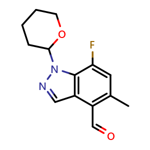 Chemical structure of 7-fluoro-5-methyl-1-tetrahydropyran-2-yl-indazole-4-carbaldehyde , CAS 2768872-27-9, AChemBlock W171467
