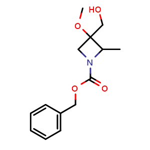 Chemical structure of benzyl 3-(hydroxymethyl)-3-methoxy-2-methyl-azetidine-1-carboxylate , CAS 2940959-16-8, AChemBlock W171502