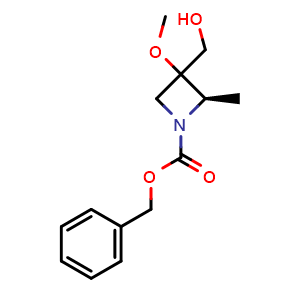 Chemical structure of benzyl (2R)-3-(hydroxymethyl)-3-methoxy-2-methyl-azetidine-1-carboxylate , CAS 2920318-70-1, AChemBlock W171504