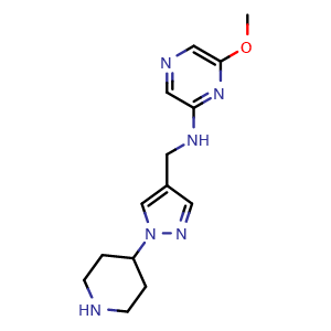 Chemical structure of 6-methoxy-N-((1-(piperidin-4-yl)-1H-pyrazol-4-yl)methyl)pyrazin-2-amine , CAS 2568530-53-8, AChemBlock W171513