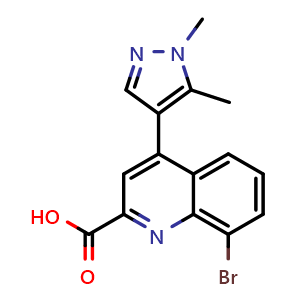 Chemical structure of 8-Bromo-4-(1,5-dimethyl-4-pyrazolyl)quinoline-2-carboxylic Acid , CAS 2938997-60-3, AChemBlock W171555