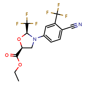 Chemical structure of Ethyl (2S,5S)-3-[4-Cyano-3-(trifluoromethyl)phenyl]-2-(trifluoromethyl)oxazolidine-5-carboxylate , CAS 1820827-57-3, AChemBlock W171556
