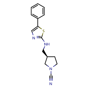 Chemical structure of (R)-3-(((5-phenylthiazol-2-yl)amino)methyl)pyrrolidine-1-carbonitrile , CAS 2101787-90-8, AChemBlock W171568