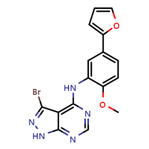 Chemical structure of 3-bromo-N-(5-(furan-2-yl)-2-methoxyphenyl)-1H-pyrazolo[3,4-d]pyrimidin-4-amine , CAS 2011708-48-6, AChemBlock W171637