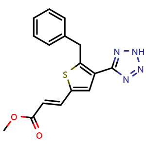 Chemical structure of (E)-methyl 3-(5-benzyl-4-(2H-tetrazol-5-yl)thiophen-2-yl)acrylate , CAS 1073313-80-0, AChemBlock W171642