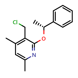 Chemical structure of (R)-3-(Chloromethyl)-4,6-dimethyl-2-(1-phenylethoxy)pyridine , CAS 2845095-70-5, AChemBlock W171650