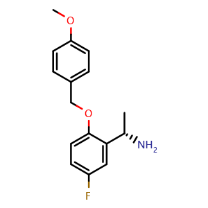 Chemical structure of (S)-1-(5-fluoro-2-((4-methoxybenzyl)oxy)phenyl)ethan-1-amine , CAS 1563601-55-7, AChemBlock W171651