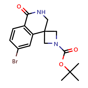 Chemical structure of tert-butyl 6-bromo-1-oxo-spiro[2,3-dihydroisoquinoline-4,3'-azetidine]-1'-carboxylate , CAS 2891597-89-8, AChemBlock W171654
