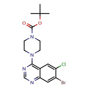 Chemical structure of tert-butyl 4-(7-bromo-6-chloroquinazolin-4-yl)piperazine-1-carboxylate , CAS 1698027-00-7, AChemBlock W171716