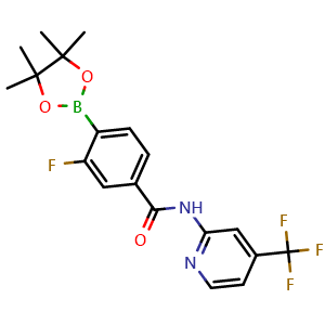 Chemical structure of Benzamide,3-fluoro-4-(4,4,5,5-tetramethyl-1,3,2-dioxaborolan-2-yl)-N-[4-(trifluoromethyl)-2-pyridinyl]- , CAS 1419221-60-5, AChemBlock W171773