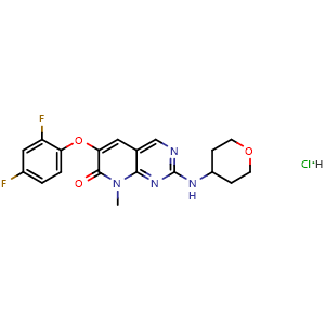 Chemical structure of 6-(2,4-difluorophenoxy)-8-methyl-2-[(oxan-4-yl)amino]-7H,8H-pyrido[2,3-d]pyrimidin-7-one hydrochloride , CAS 449808-64-4, AChemBlock W171774