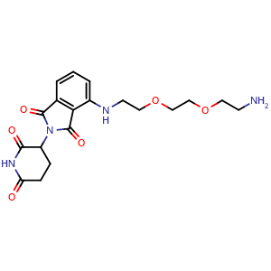 Chemical structure of 4-((2-(2-(2-aminoethoxy)ethoxy)ethyl)amino)-2-(2,6-dioxopiperidin-3-yl)isoindoline-1,3-dione , CAS 2093416-32-9, AChemBlock W171790