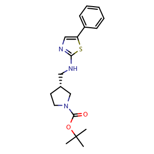 Chemical structure of (R)-tert-butyl 3-(((5-phenylthiazol-2-yl)amino)methyl)pyrrolidine-1-carboxylate , CAS 2101787-87-3, AChemBlock W171791