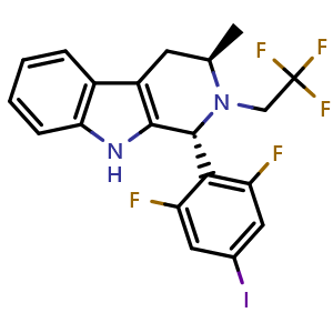 Chemical structure of (1R,3R)-1-(2,6-difluoro-4-iodophenyl)-3-methyl-2-(2,2,2-trifluoroethyl)-2,3,4,9-tetrahydro-1H-pyrido[3,4-b]indole , CAS 1953133-31-7, AChemBlock W171801