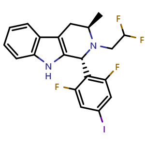 Chemical structure of (1R,3R)-1-(2,6-difluoro-4-iodophenyl)-2-(2,2-difluoroethyl)-3-methyl-2,3,4,9-tetrahydro-1H-pyrido[3,4-b]indole , CAS 1953133-45-3, AChemBlock W171802