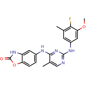 Chemical structure of 5-((2-((4-fluoro-3-methoxy-5-methylphenyl)amino)-5-methylpyrimidin-4-yl)amino)benzo[d]oxazol-2(3H)-one , CAS 1236667-40-5, AChemBlock W171804
