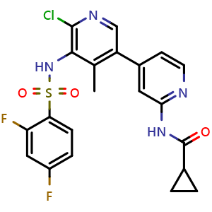 Chemical structure of N-(6-chloro-5-(2,4-difluorophenylsulfonamido)-4-methyl-[3,4'-bipyridin]-2'-yl)cyclopropanecarboxamide , CAS 1801903-24-1, AChemBlock W171829