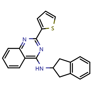 Chemical structure of N-(2,3-dihydro-1H-inden-2-yl)-2-(thiophen-2-yl)quinazolin-4-amine , CAS 1997359-83-7, AChemBlock W171830