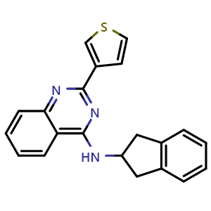 Chemical structure of N-(2,3-dihydro-1H-inden-2-yl)-2-(thiophen-3-yl)quinazolin-4-amine , CAS 1997359-85-9, AChemBlock W171831