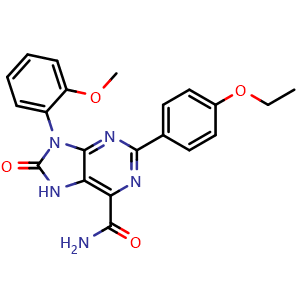 Chemical structure of 2-(4-ethoxyphenyl)-9-(2-methoxyphenyl)-8-oxo-8,9-dihydro-7H-purine-6-carboxamide , CAS 869069-21-6, AChemBlock W171833