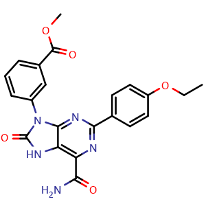 Chemical structure of methyl 3-(6-carbamoyl-2-(4-ethoxyphenyl)-8-oxo-7H-purin-9(8H)-yl)benzoate , CAS 1994258-22-8, AChemBlock W171857