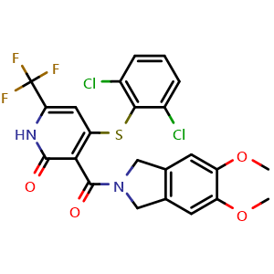 Chemical structure of 4-((2,6-dichlorophenyl)thio)-3-(5,6-dimethoxyisoindoline-2-carbonyl)-6-(trifluoromethyl)pyridin-2(1H)-one , CAS 2438637-61-5, AChemBlock W171879