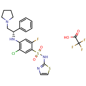 Chemical structure of (S)-5-chloro-2-fluoro-4-((1-phenyl-2-(pyrrolidin-1-yl)ethyl)amino)-N-(thiazol-2-yl)benzenesulfonamide trifluoroacetate , CAS 2230142-12-6, AChemBlock W171881