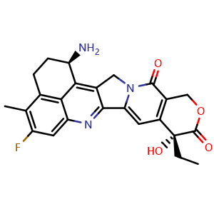 Chemical structure of (1R,9R)-1-amino-9-ethyl-5-fluoro-9-hydroxy-4-methyl-1,2,3,9,12,15-hexahydro-10H,13H-benzo[de]pyrano[3',4':6,7]indolizino[1,2-b]quinoline-10,13-dione , CAS 2489613-15-0, AChemBlock W171898